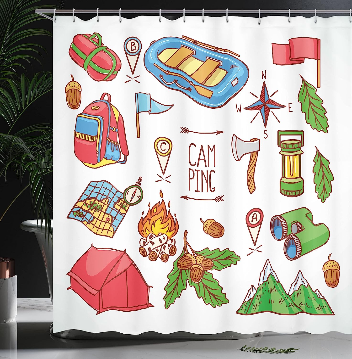 Blue Red Camping Lifestyle Equipment Boat Compass Map Ax Tent Tourism Illustration Camper Shower Curtain - Image 3