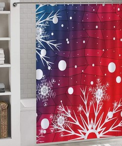 Blue Red Christmas Snowflakes Shower Curtain, Festive Bathroom Decoration Fabric Waterproof Curtain
