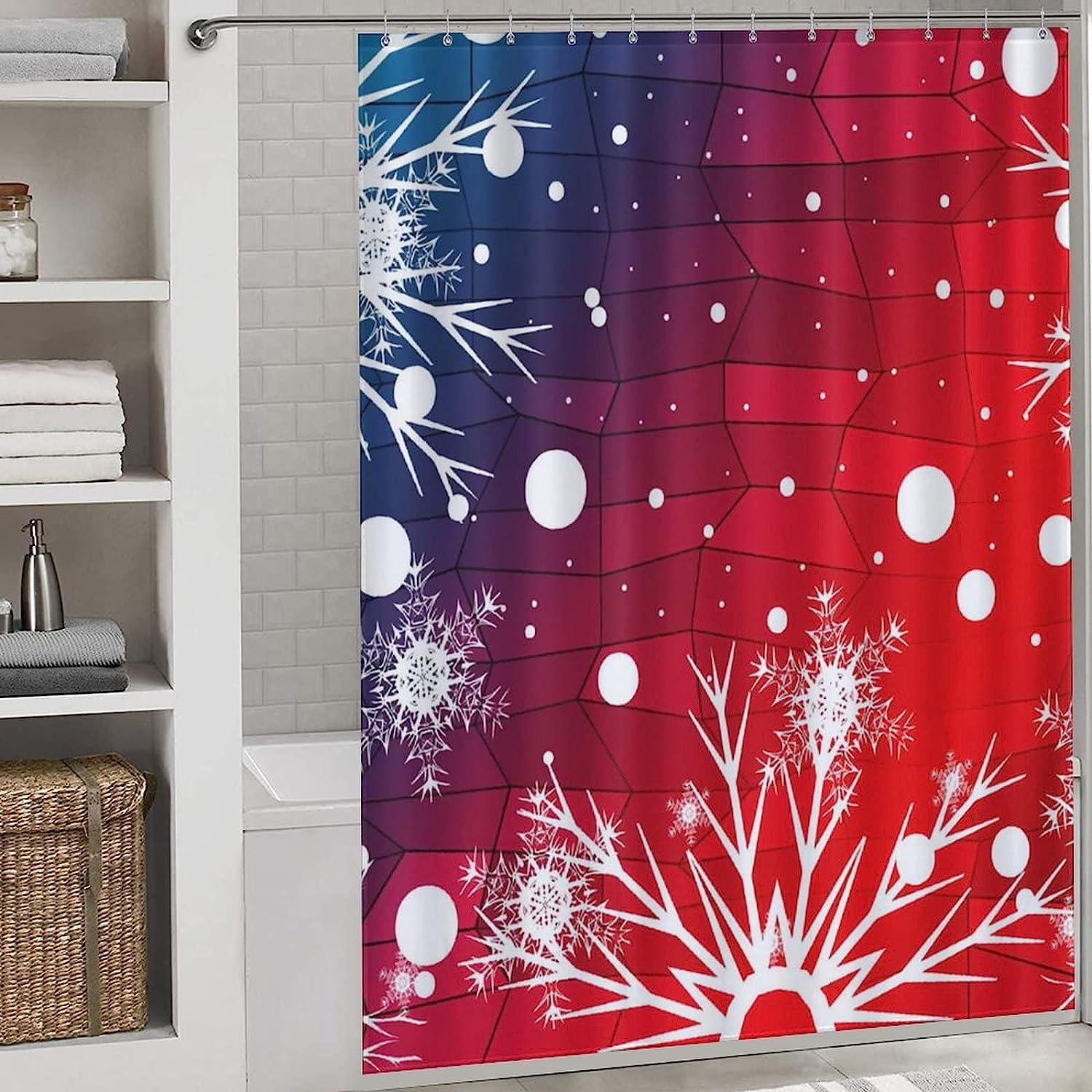 Blue Red Christmas Snowflakes Shower Curtain, Festive Bathroom Decoration Fabric Waterproof Curtain