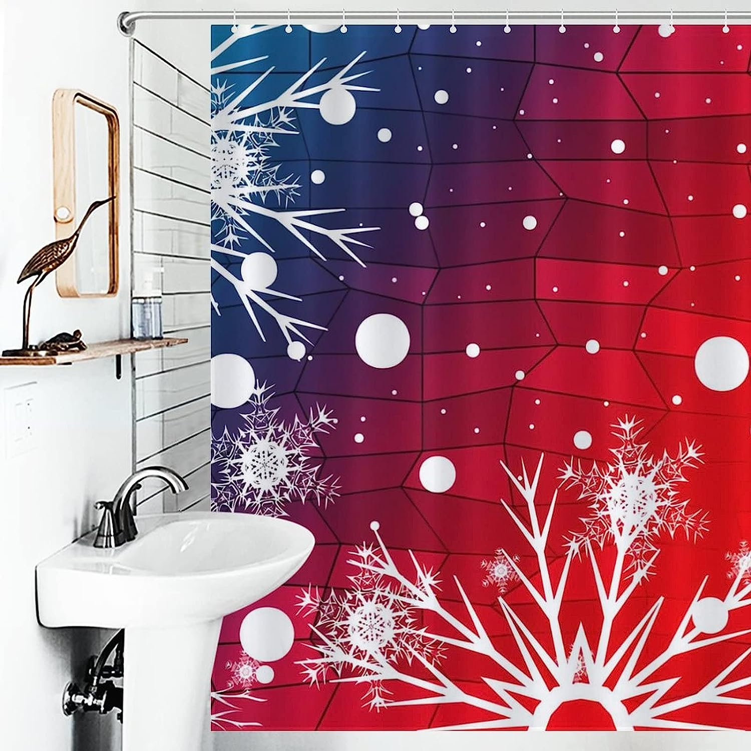 Blue Red Christmas Snowflakes Shower Curtain, Festive Bathroom Decoration Fabric Waterproof Curtain