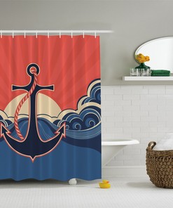 Blue Red Nautical Anchor Beach Fabric Shower Curtain, Digital Art For Bathroom