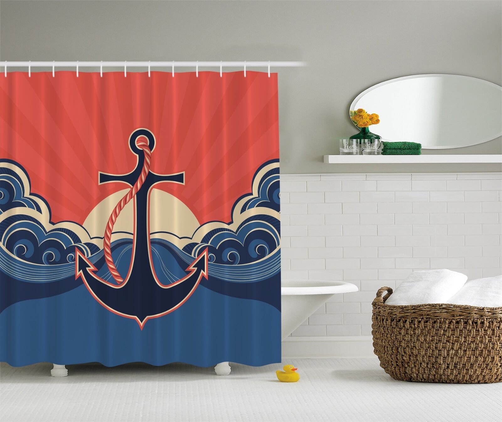 Blue Red Nautical Anchor Beach Fabric Shower Curtain, Digital Art For Bathroom