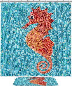 Blue Red Seahorse Waterproof Shower Curtain, Bathroom Curtain, Underwater Life