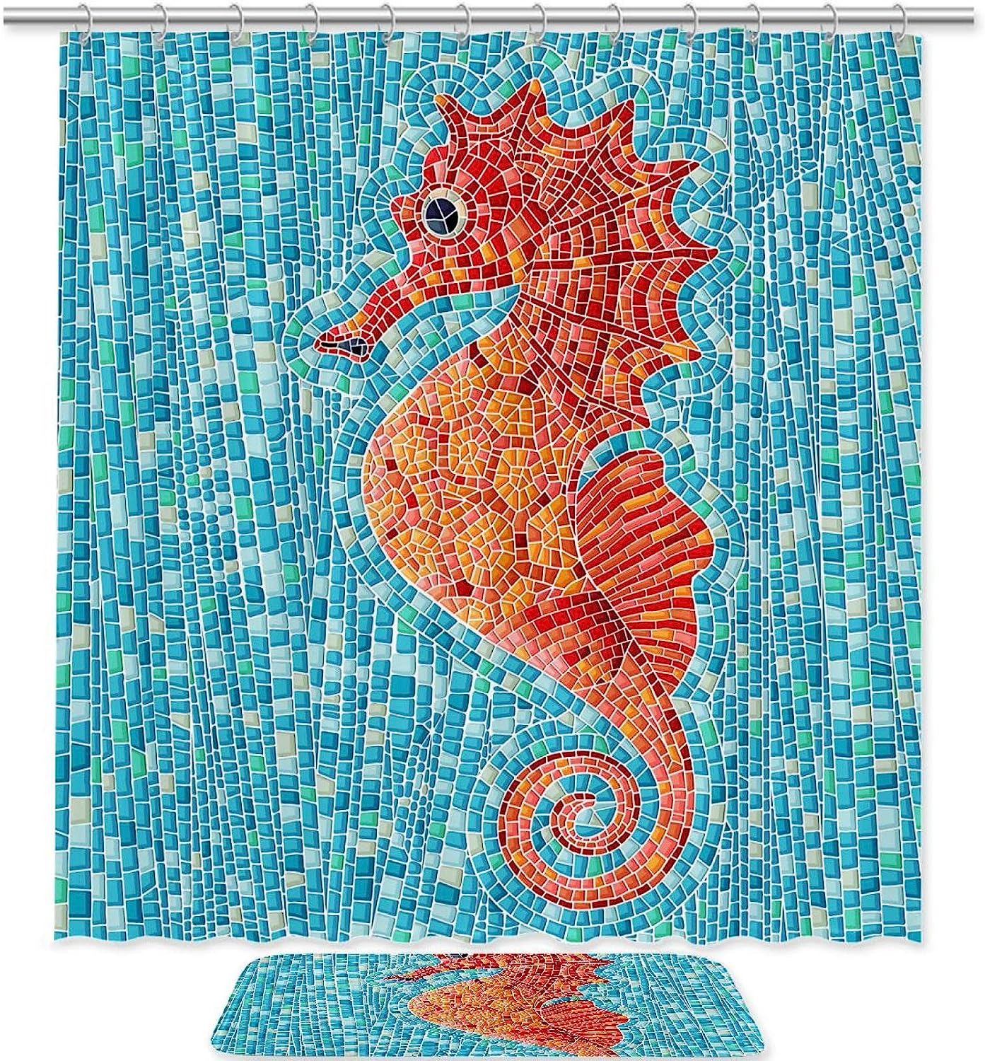 Blue Red Seahorse Waterproof Shower Curtain, Bathroom Curtain, Underwater Life