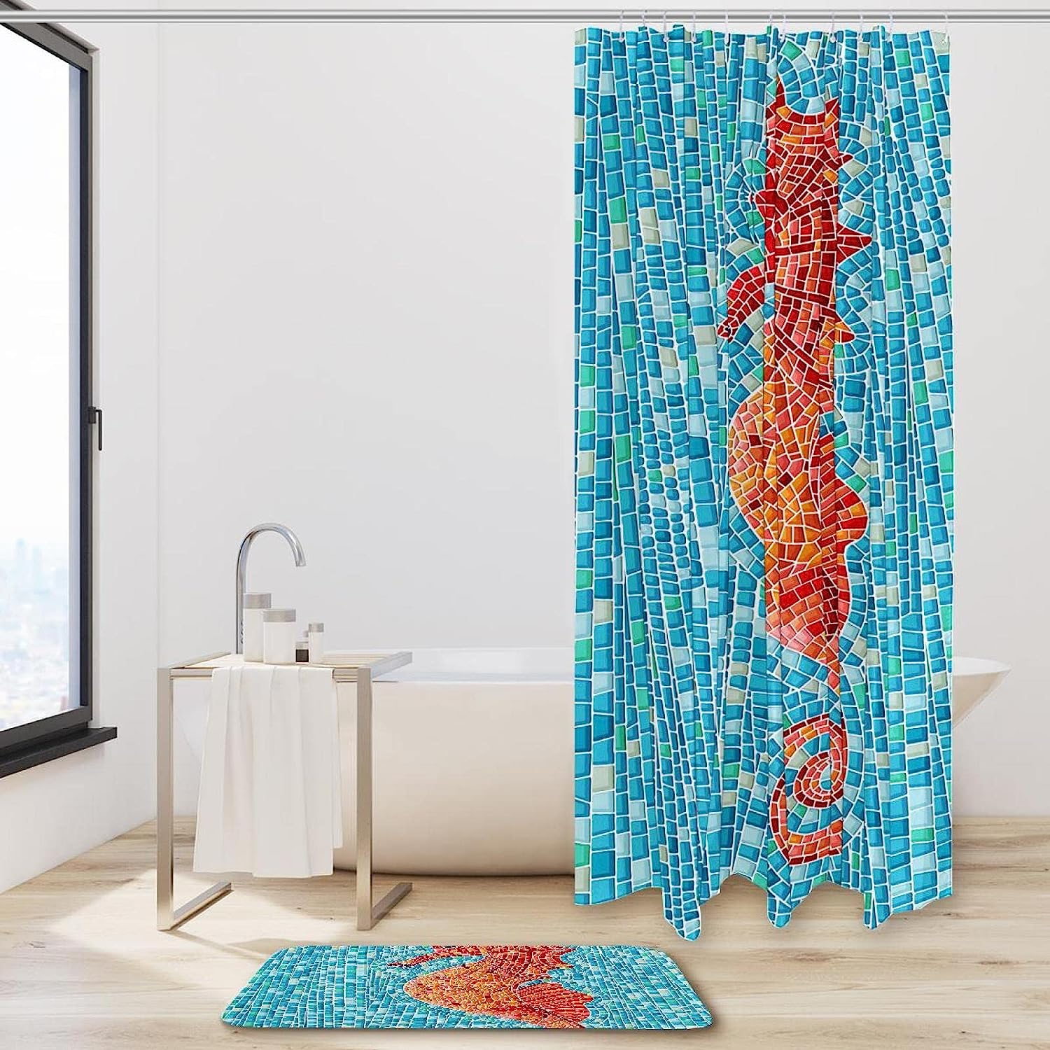 Blue Red Seahorse Waterproof Shower Curtain, Bathroom Curtain, Underwater Life - Image 2