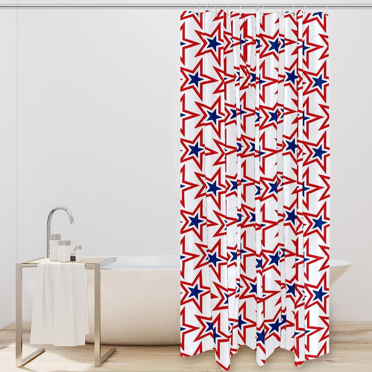 Blue Red Stars Pattern Usa Shower Curtain, Patriotic Bathroom Decoration - Image 2