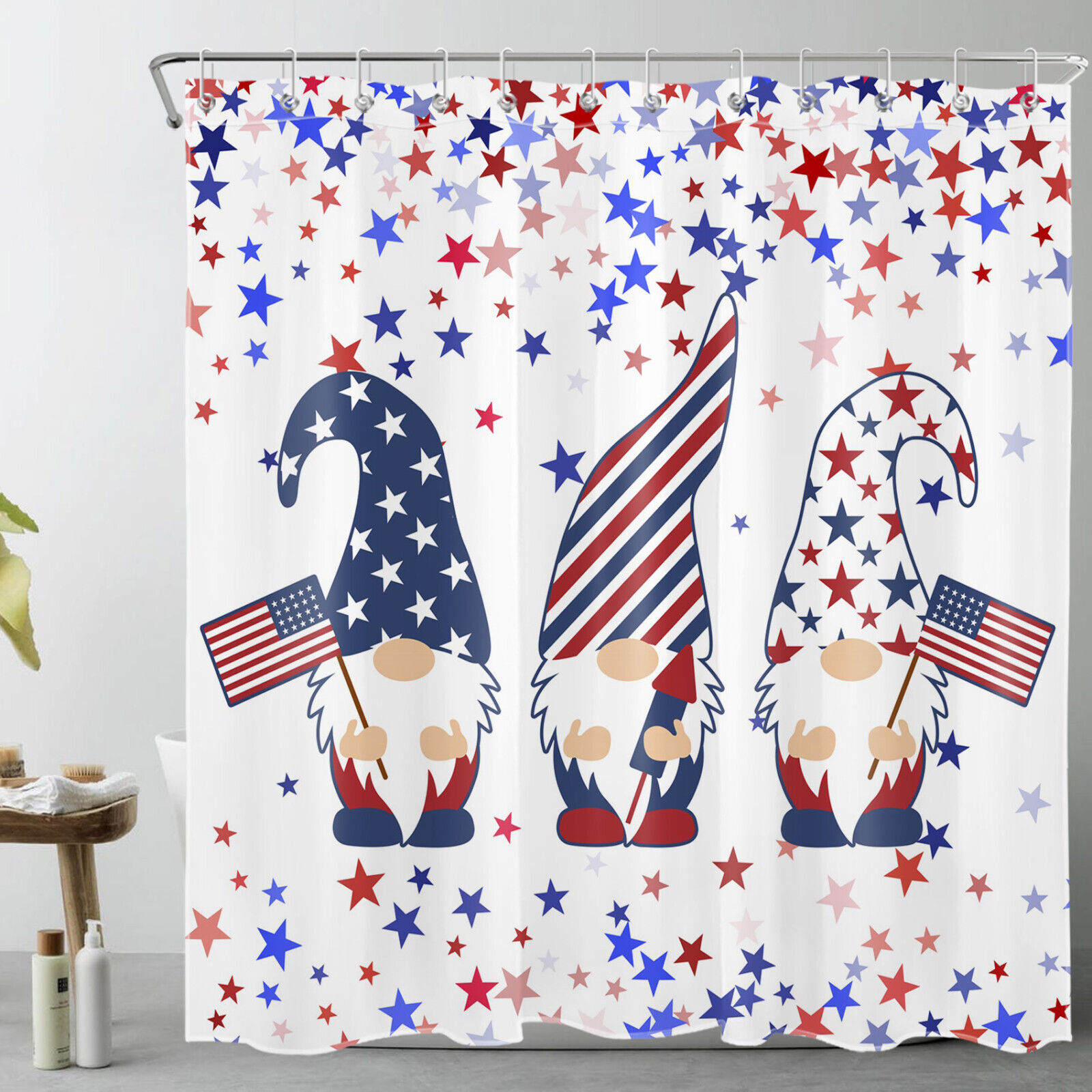 Blue Red Stars Us Flag Patriotic Shower Curtain, Bathroom Accessories Set - Image 2
