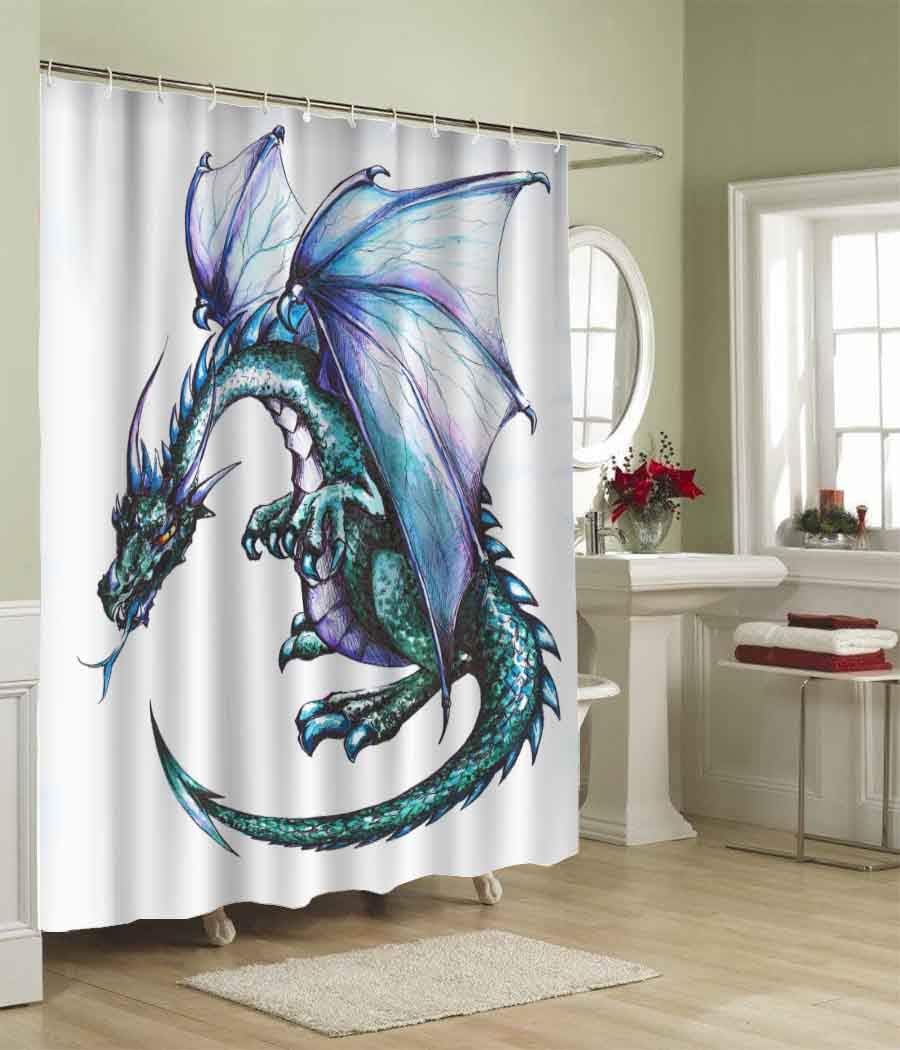 Blue Reptile Winged Dragon Shower Curtain Modern Animal Bathroom Accessories Washable