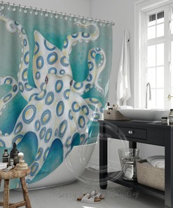 Blue Ring Octopus Art Shower Curtain, Underwater Life Bathroom Decor