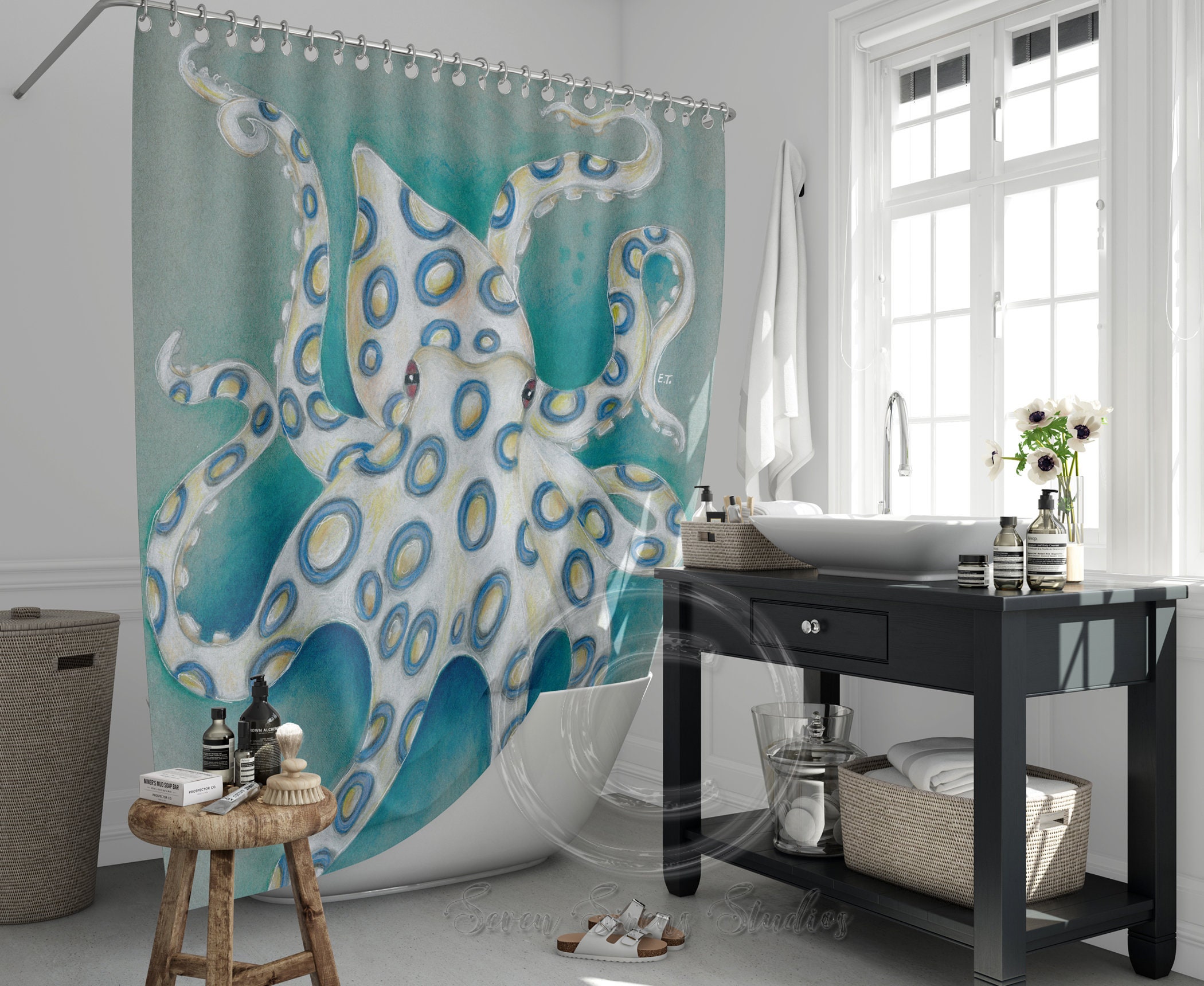 Blue Ring Octopus Art Shower Curtain, Underwater Life Bathroom Decor