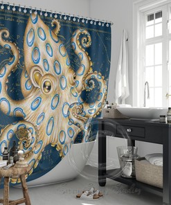 Blue Ring Octopus Tentacles Ink Art Vintage Map Shower Curtain, Bathroom Curtain