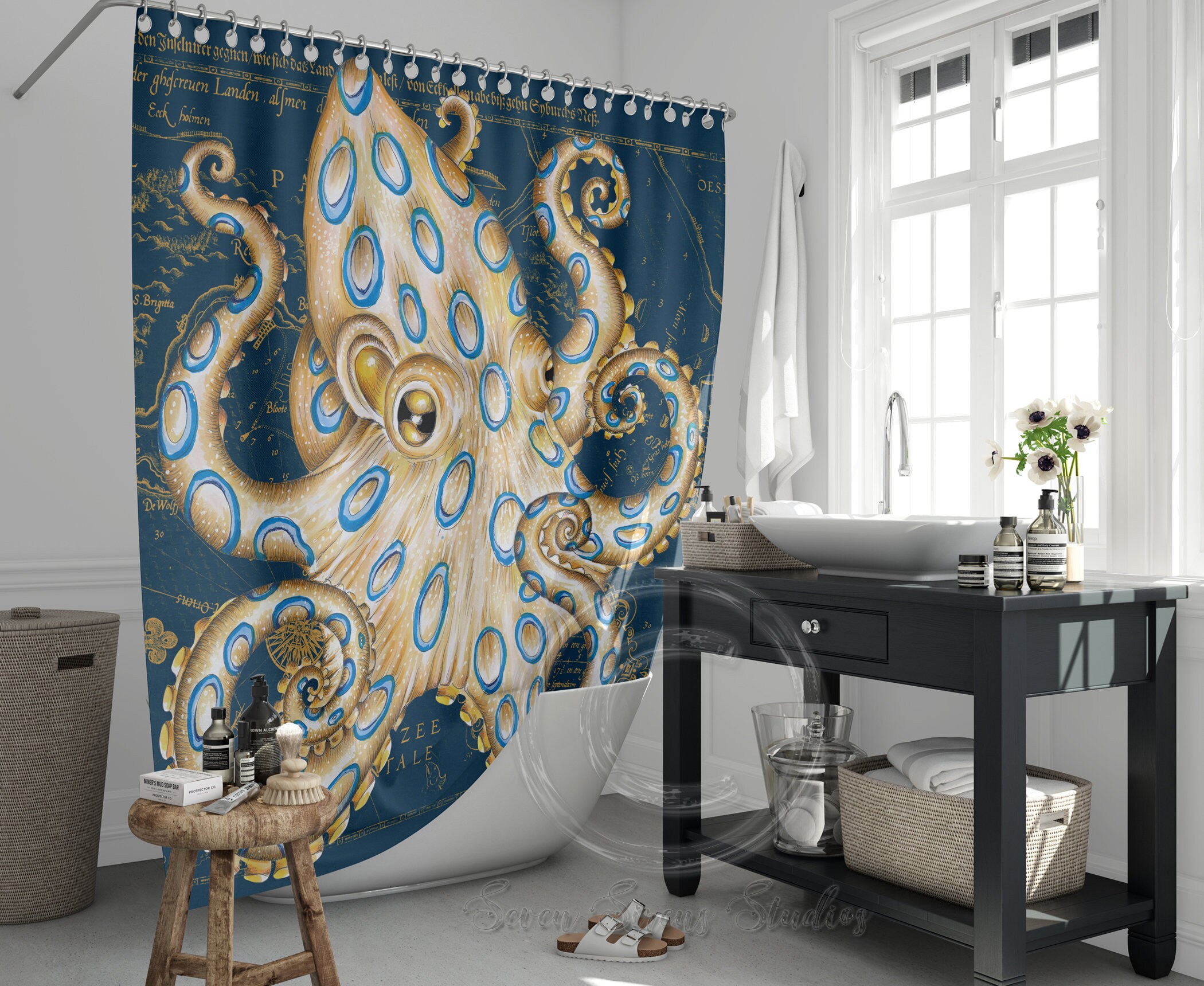 Blue Ring Octopus Tentacles Ink Art Vintage Map Shower Curtain, Bathroom Curtain