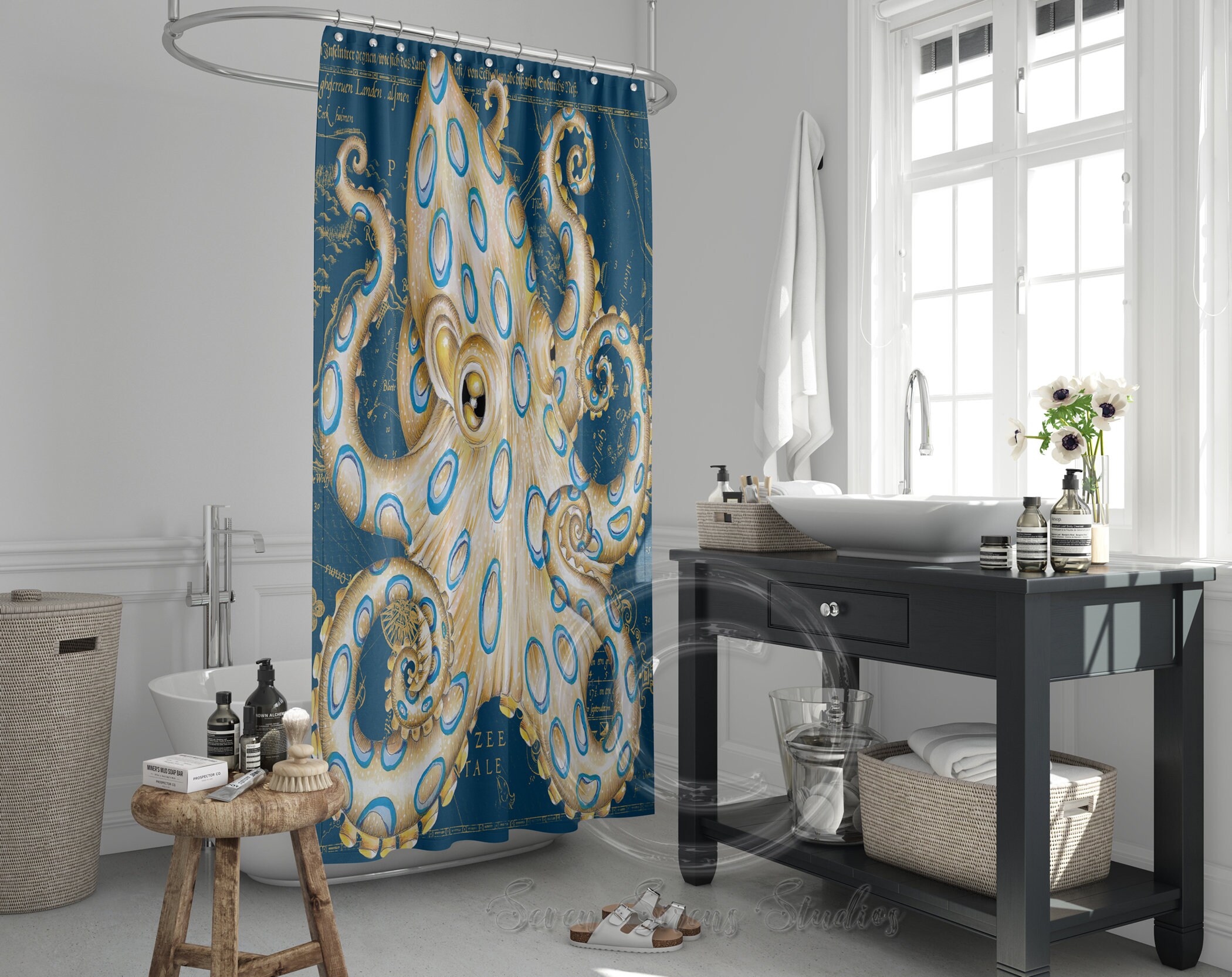 Blue Ring Octopus Tentacles Ink Art Vintage Map Shower Curtain, Bathroom Curtain - Image 2
