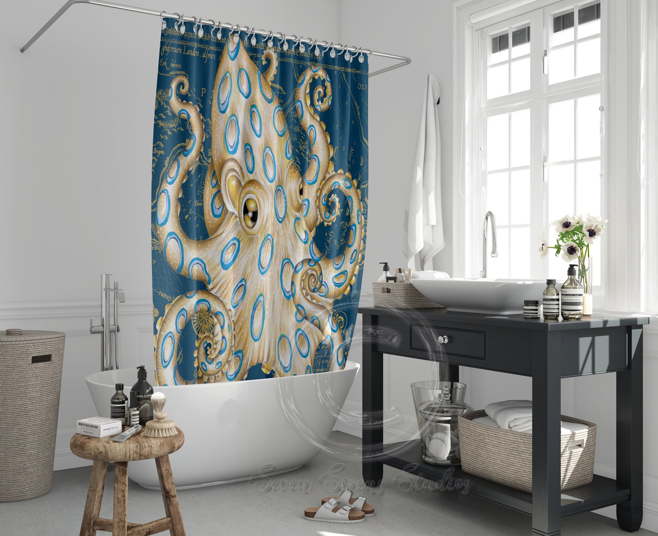 Blue Ring Octopus Tentacles Ink Art Vintage Map Shower Curtain, Bathroom Curtain - Image 3