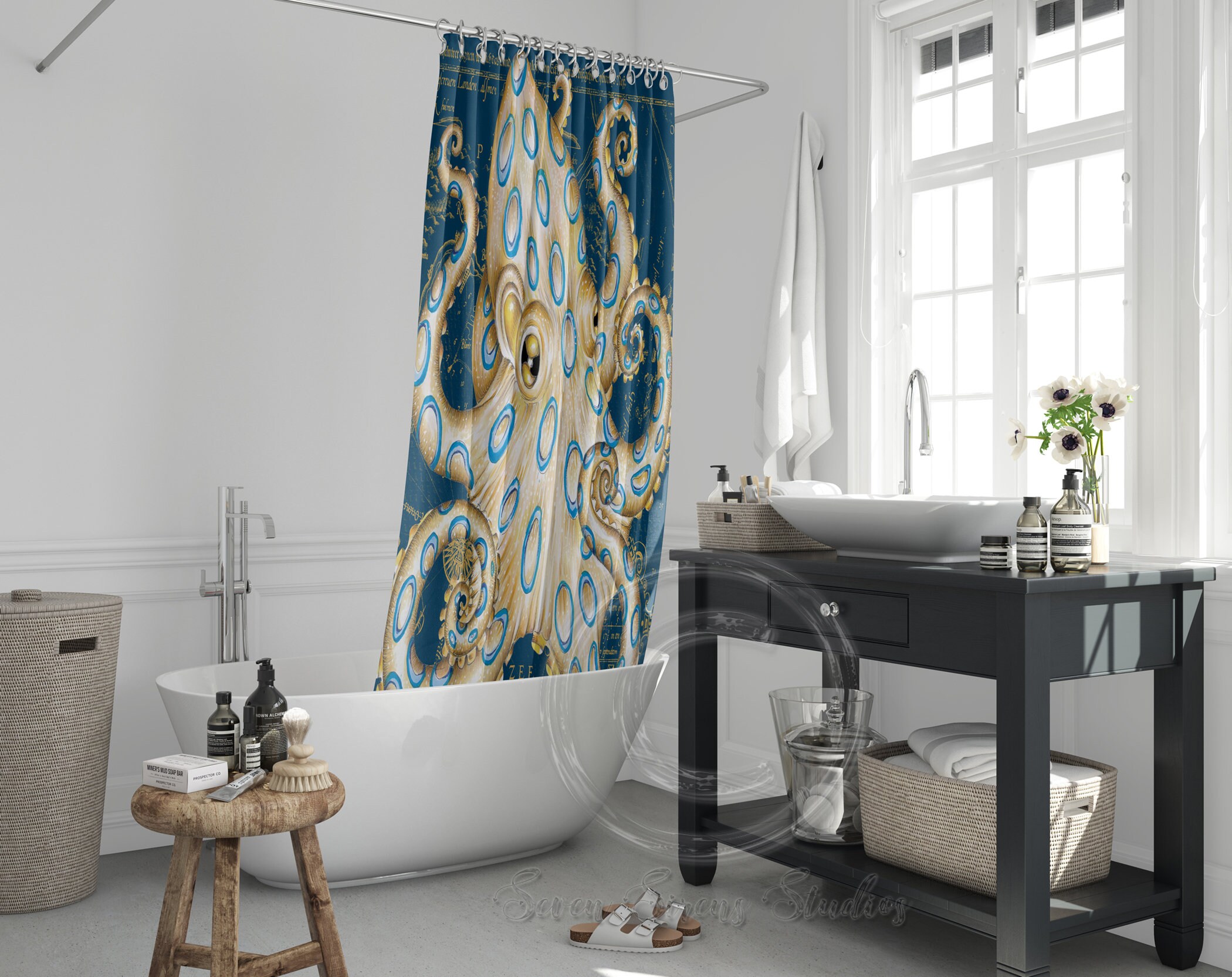 Blue Ring Octopus Tentacles Ink Art Vintage Map Shower Curtain, Bathroom Curtain - Image 4