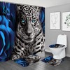 Blue Rose And Leopard Print Shower Curtain Set With Toilet Lid Cover