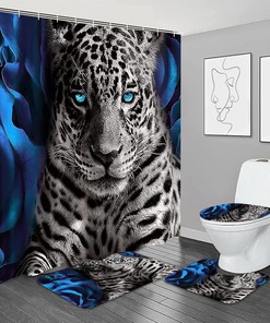 Blue Rose And Leopard Print Shower Curtain Set With Toilet Lid Cover