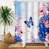 Blue Rose Shower Curtain Set With Hooks, Flower And Butterfly Bathroom Decor, Waterproof Fabric