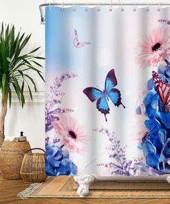 Blue Rose Shower Curtain Set With Hooks, Flower And Butterfly Bathroom Decor, Waterproof Fabric