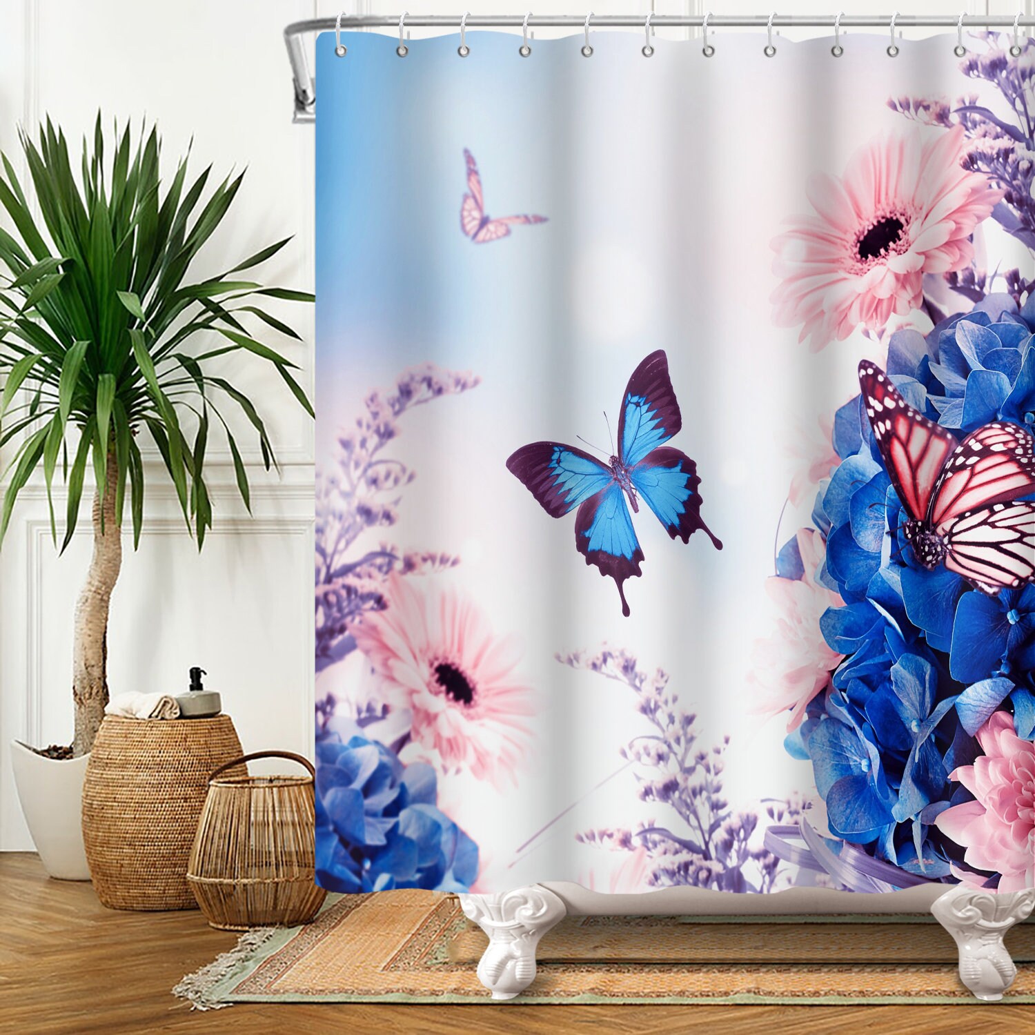 Blue Rose Shower Curtain Set With Hooks, Flower And Butterfly Bathroom Decor, Waterproof Fabric