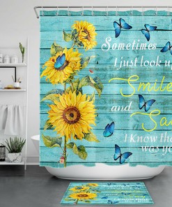 Blue Rustic Plank Butterfly Flowers Sunflower Shower Curtain, Bathroom Accessories