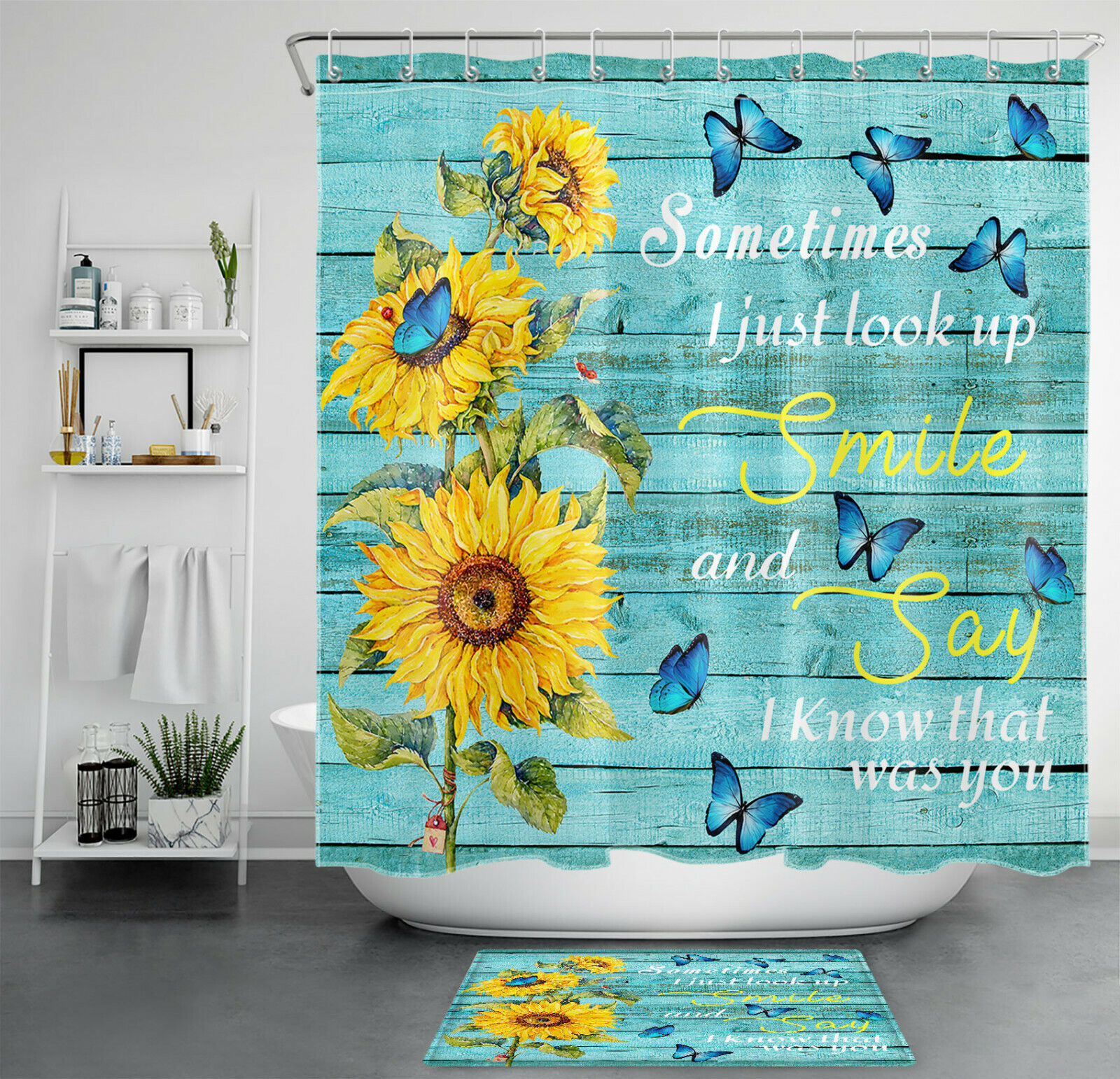 Blue Rustic Plank Butterfly Flowers Sunflower Shower Curtain, Bathroom Accessories