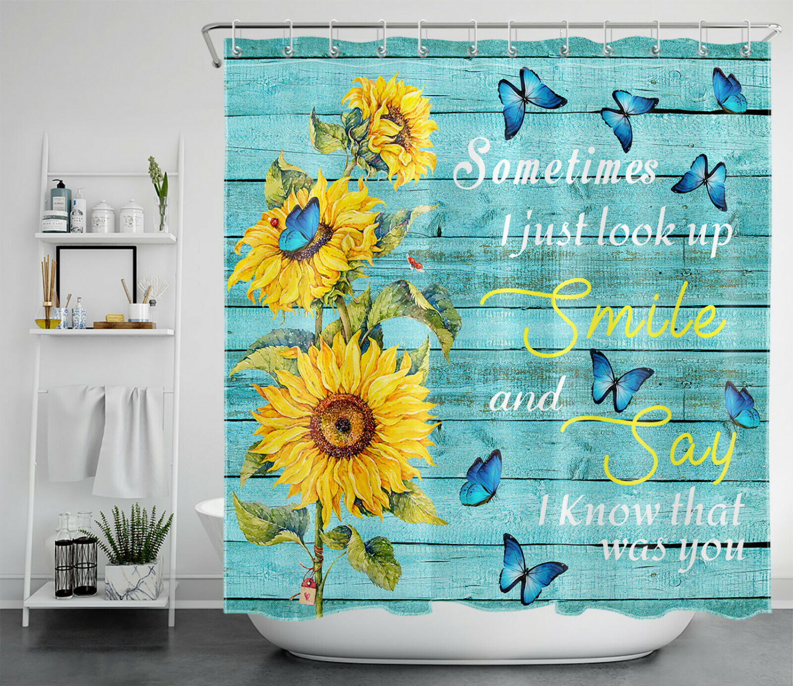 Blue Rustic Plank Butterfly Flowers Sunflower Shower Curtain, Bathroom Accessories - Image 2