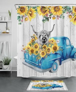 Blue Rustic Truck Highland Cow Sunflower Shower Curtain, Farmhouse Style For Bathroom Decor