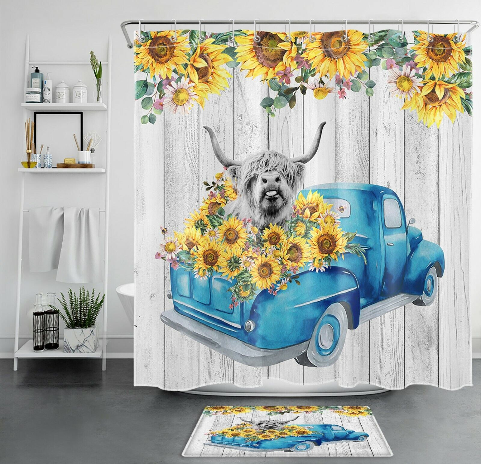 Blue Rustic Truck Highland Cow Sunflower Shower Curtain, Farmhouse Style For Bathroom Decor