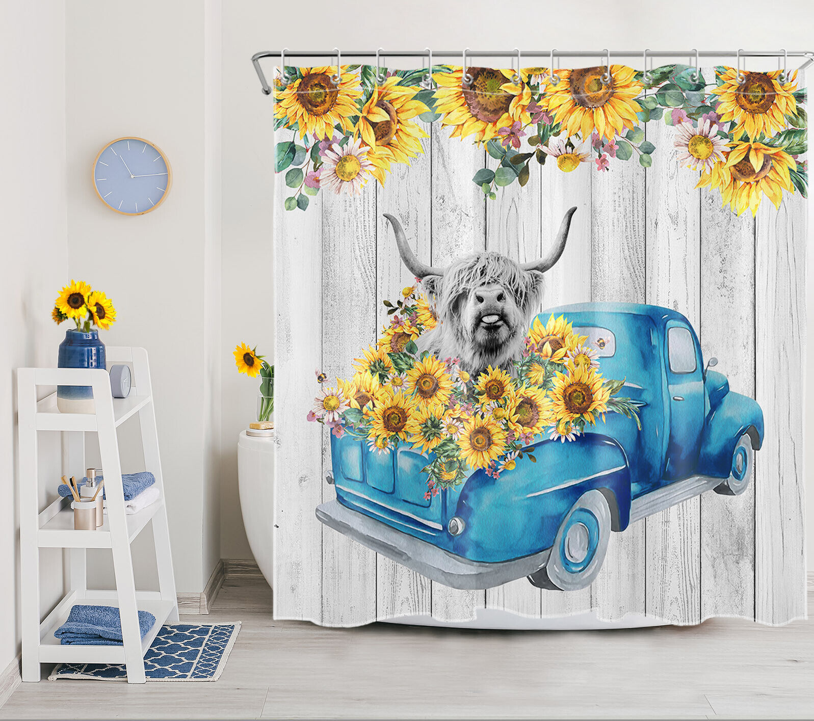 Blue Rustic Truck Highland Cow Sunflower Shower Curtain, Farmhouse Style For Bathroom Decor - Image 2
