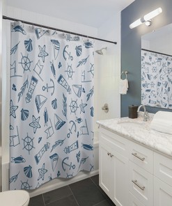 Blue Sailing Nautical Shower Curtain, Water-Resistant Fabric, Bathroom Decor