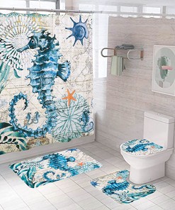 Blue Sea Bathroom Shower Curtain, Hippocampus Design with Nautical Accessories 