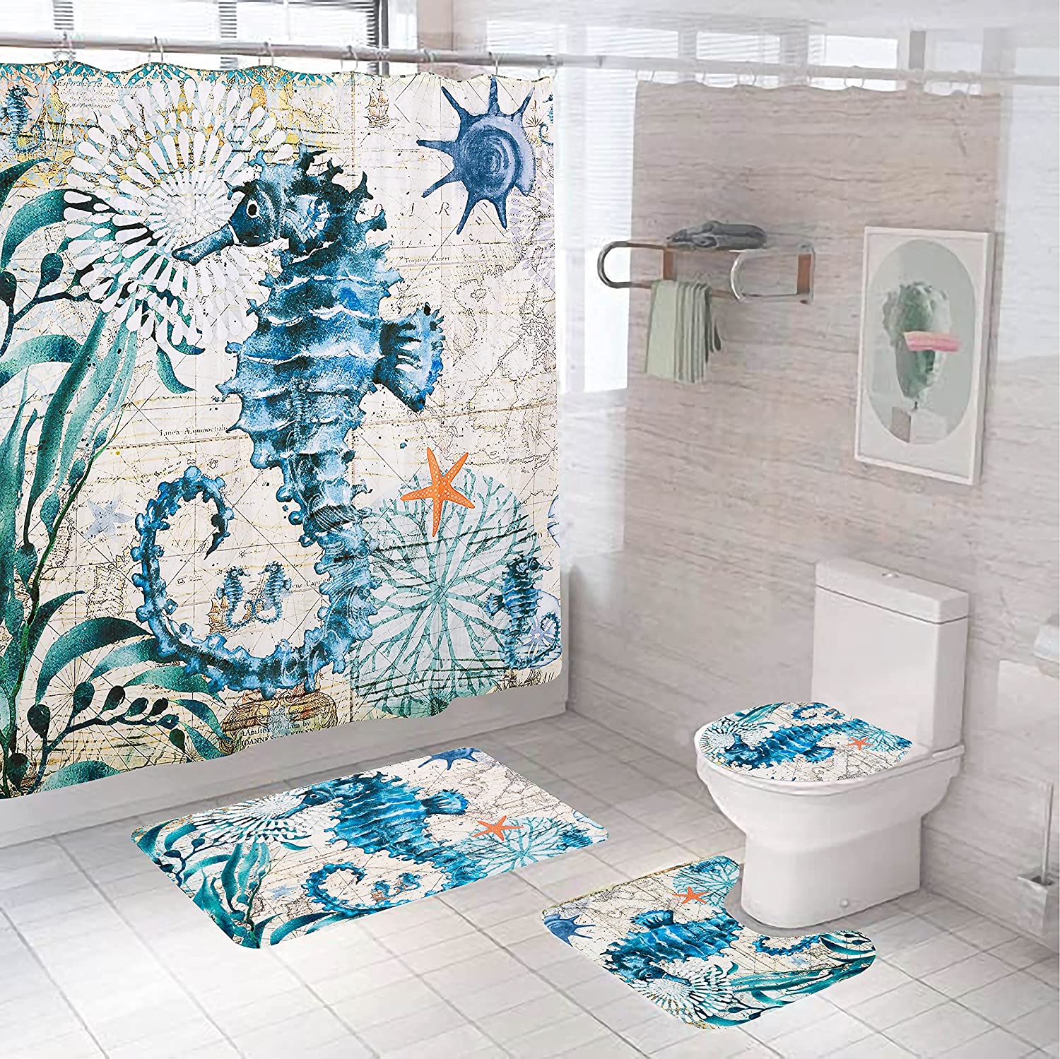 Blue Sea Bathroom Shower Curtain, Hippocampus Design with Nautical Accessories