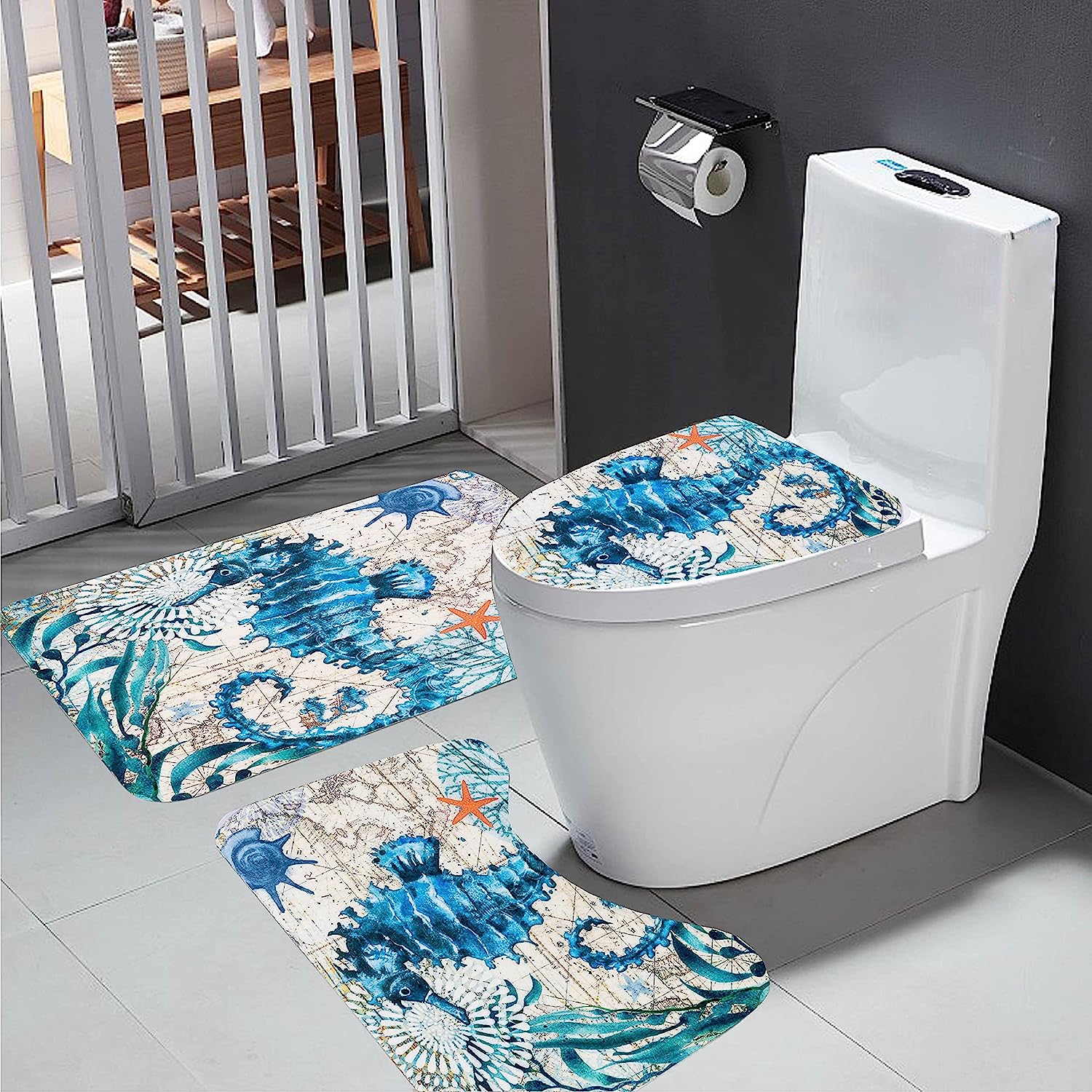 Blue Sea Bathroom Shower Curtain, Hippocampus Design with Nautical Accessories