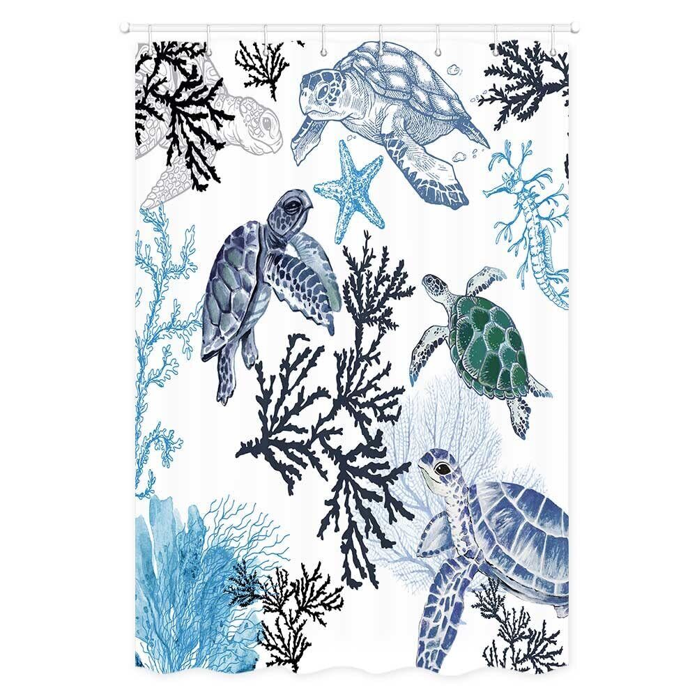 Blue Sea Turtle Small Shower Curtain, Water-Resistant Fabric, Bath Rv Camper
