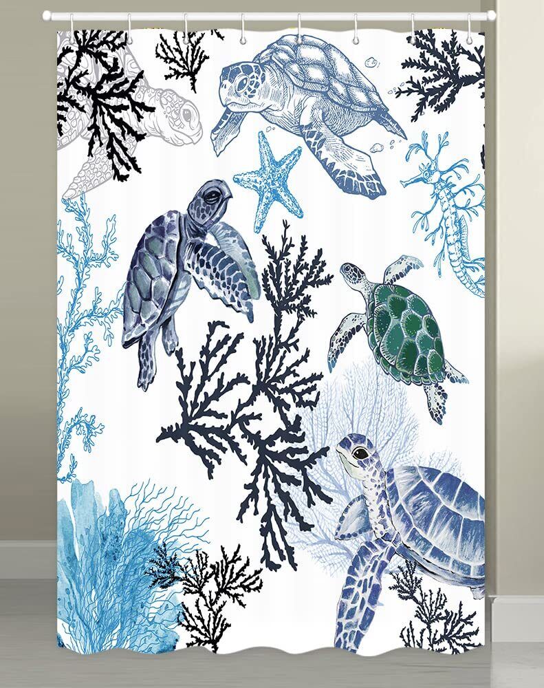 Blue Sea Turtle Small Shower Curtain, Water-Resistant Fabric, Bath Rv Camper - Image 2