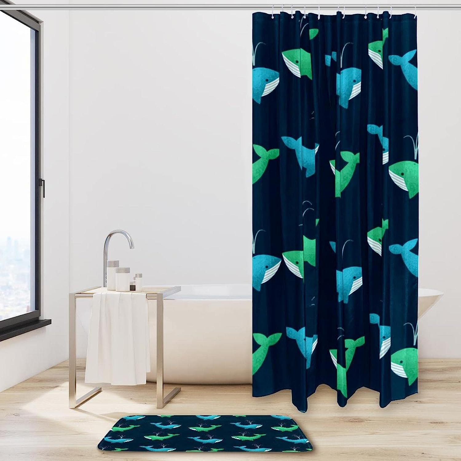 Blue Sea Whale Shower Curtain for Summer Beach Bathroom Decor