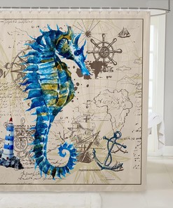 Blue Seahorse Shower Curtain with Nautical Prints for Kids Bath, Waterproof and Anchor Theme