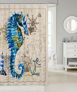 Blue Seahorse Shower Curtain with Nautical Prints for Kids Bath, Waterproof and Anchor Theme