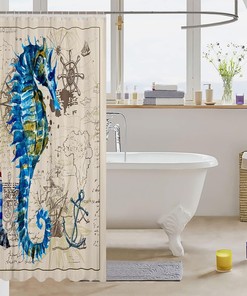 Blue Seahorse Shower Curtain with Nautical Prints for Kids Bath, Waterproof and Anchor Theme