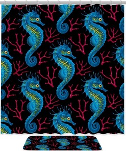 Blue Seahorse Waterproof Shower Curtain, Underwater Bathroom Curtain