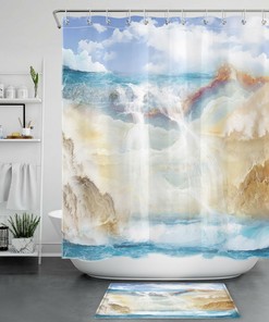 Blue Seascape Waterfall Marble Texture Shower Curtain, Bathroom Accessories