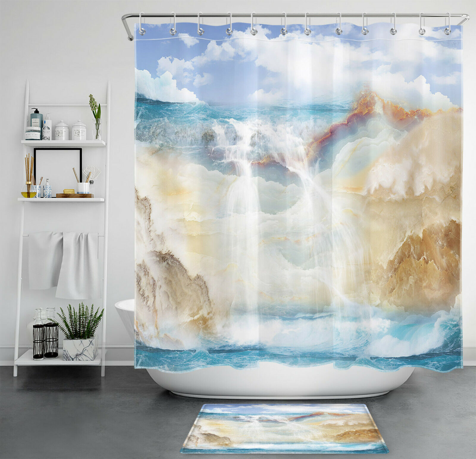 Blue Seascape Waterfall Marble Texture Shower Curtain, Bathroom Accessories