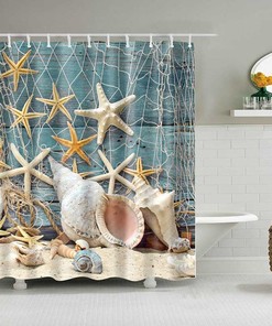 Blue Seashell And Starfish Shower Curtain, Ocean Creature Bathroom Decor