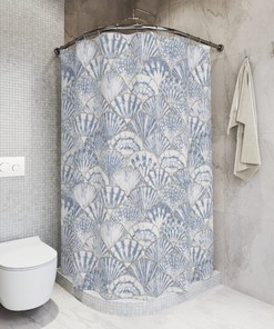 Blue Seashell Boho Pattern Fabric Print Shower Curtain, Bathroom Decoration