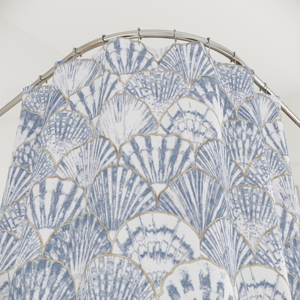 Blue Seashell Boho Pattern Fabric Print Shower Curtain, Bathroom Decoration - Image 2
