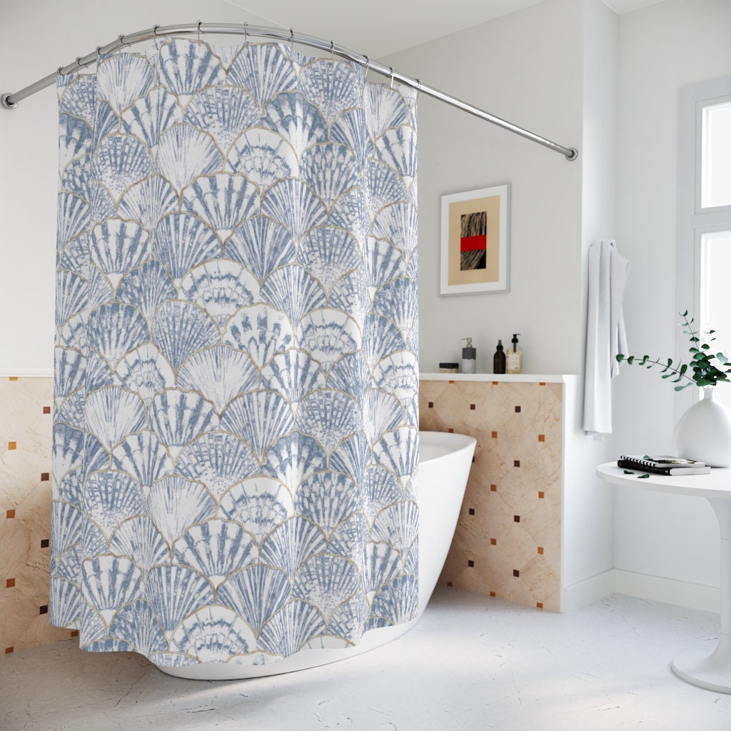 Blue Seashell Boho Pattern Fabric Print Shower Curtain, Bathroom Decoration - Image 3