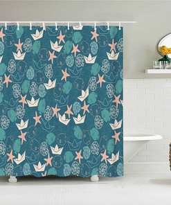 Blue Seashell In The Ocean Shower Curtain, Corals Starfish Ship Beach Underwater Marine, Bathroom Curtain