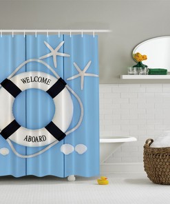 Blue Seashell Nautical Ocean Beach Fabric Shower Curtain, Digital Art For Bathroom