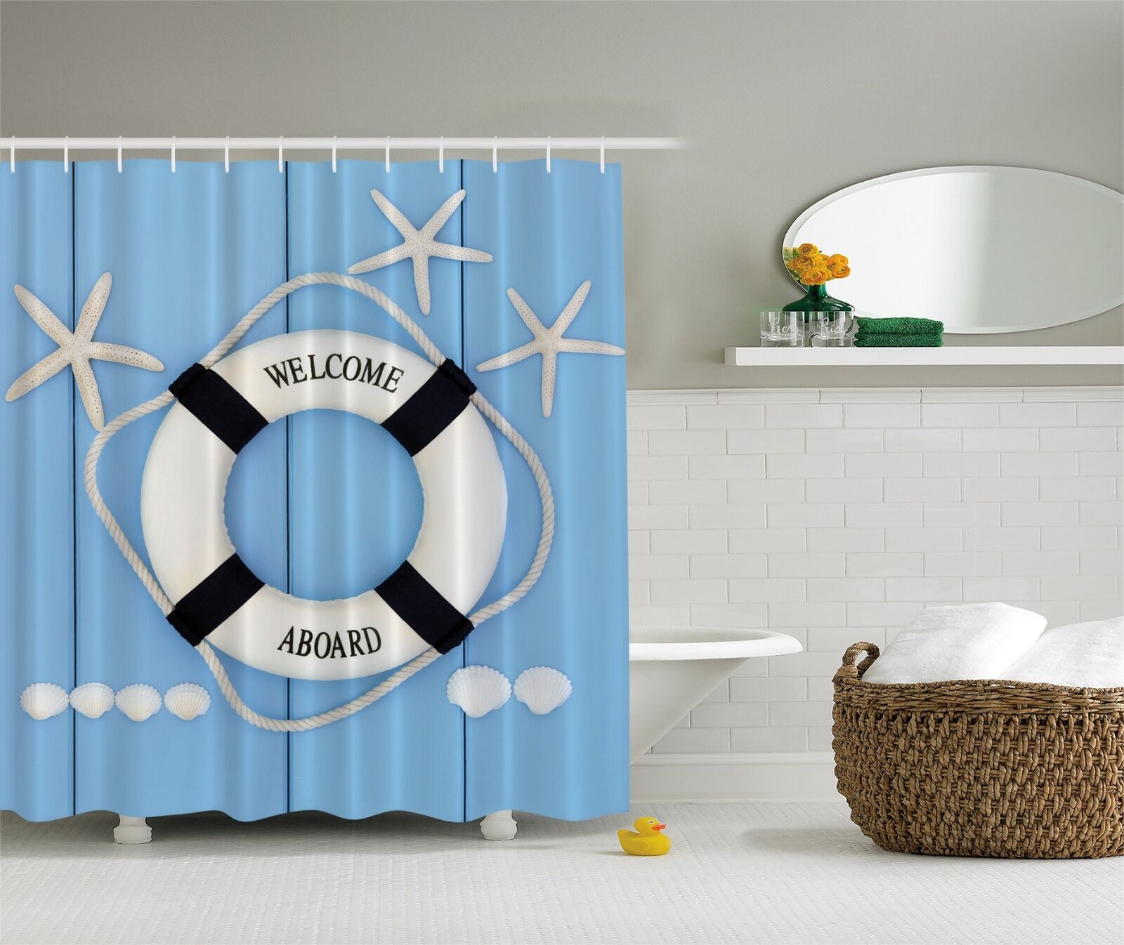 Blue Seashell Nautical Ocean Beach Fabric Shower Curtain, Digital Art For Bathroom